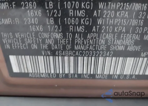 2013 Subaru Outback 2.5I from USA, damaged, VIN 4S4BRCAC2D3322342